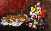 Giuseppe Recco A Still Life of Roses, Carnations, Tulips and other Flowers in a glass Vase, with Pastries and Sweetmeats on a pewter Platter and earthenware Pots, on Germany oil painting artist